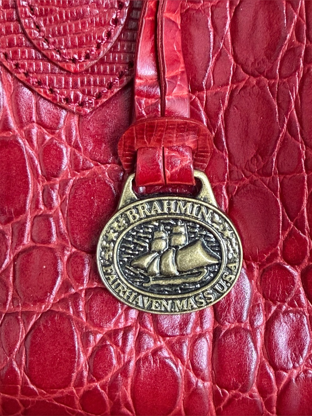 Vintage Brahmin Prissy Collection Vivian Satchel Red Croc Italian Leather Bag - Picture 5 of 15